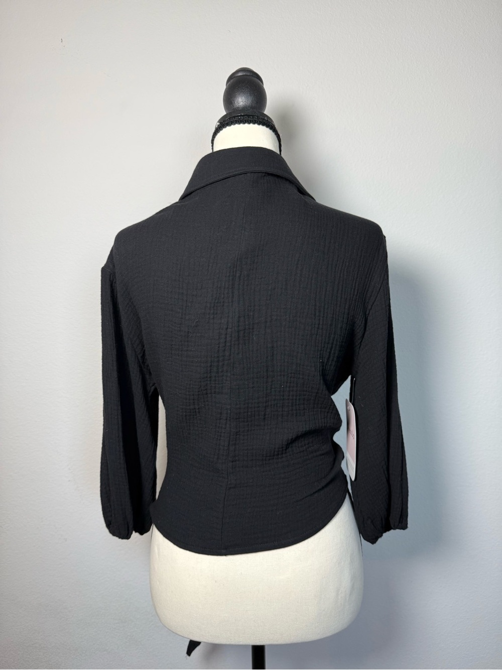 Black Tie-Waist Wrap Blouse with Collar - Picture 3 of 6